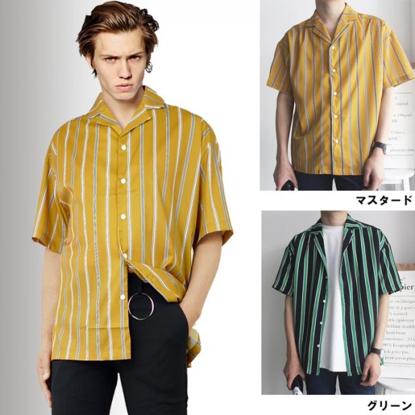 開襟シャツ トラッド ストライプ 半袖 メンズ ロカビリー レトロ
