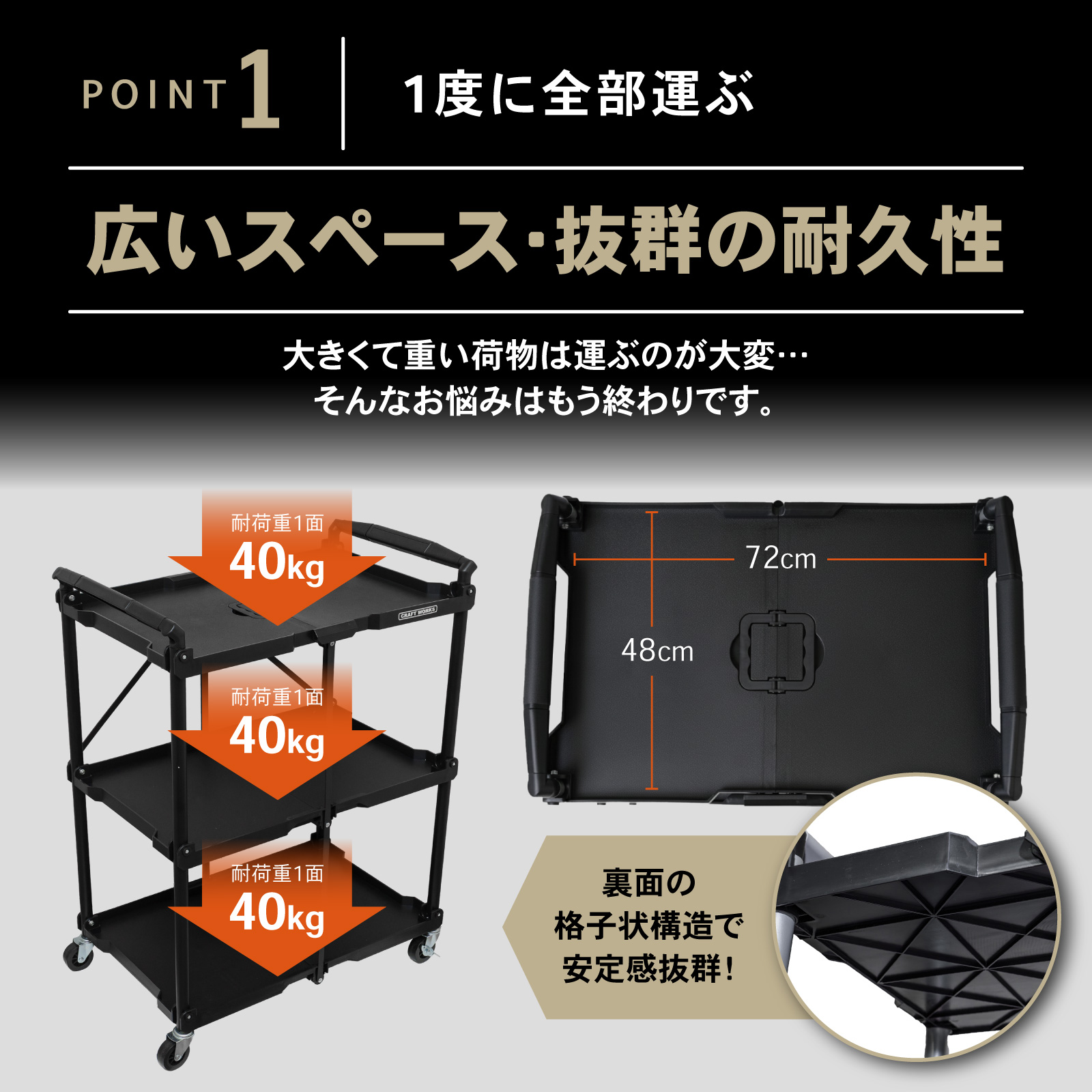 クラフトワゴン ツールワゴン 折りたたみ キャスター付き 総耐荷重