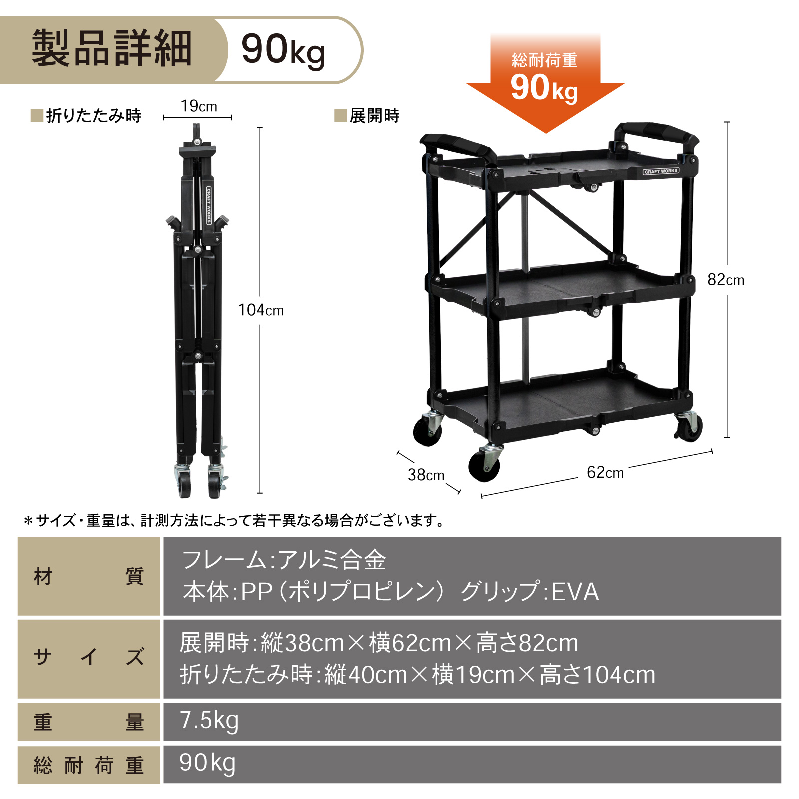 クラフトワゴン ツールワゴン 折りたたみ キャスター付き 総耐荷重