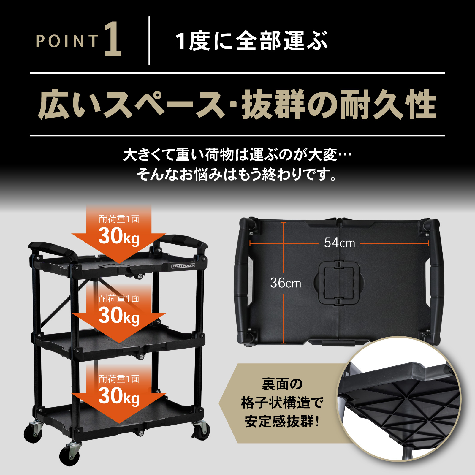 クラフトワゴン ツールワゴン 折りたたみ キャスター付き 総耐荷重