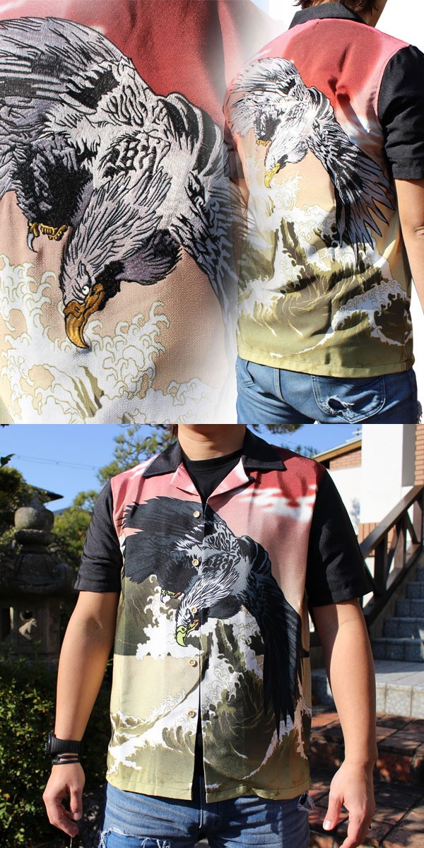和柄Tシャツ 【SALE】和柄メンズ 和柄刺繍アロハ鷲柄【AS181-3