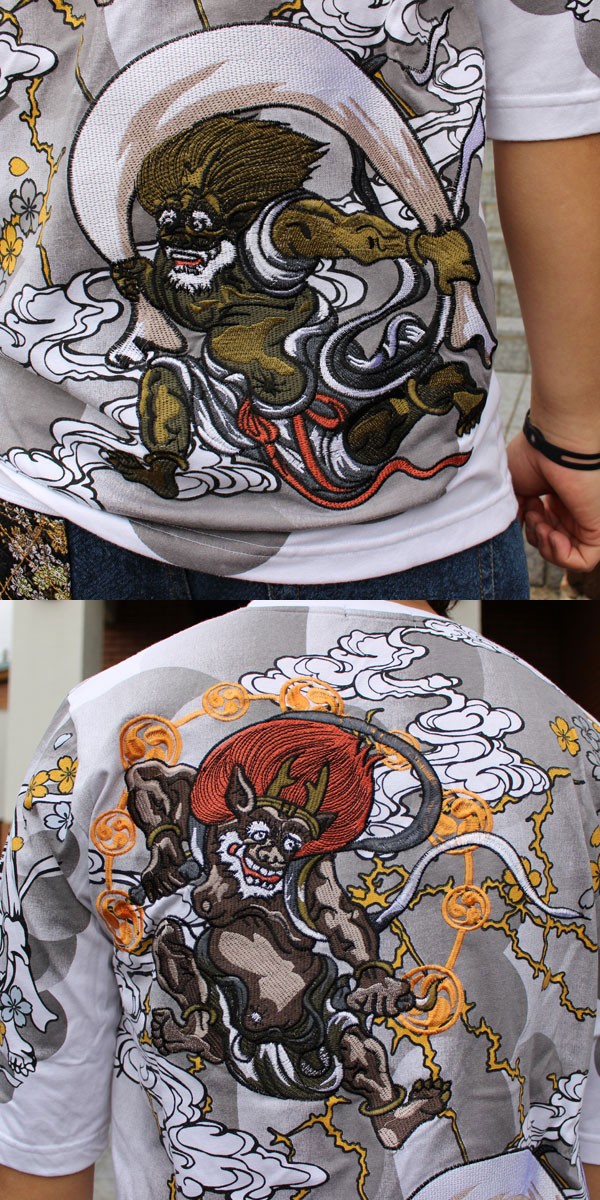 KAPITAL ペイズリー柄刺繍 七分袖　変形Tシャツ 和柄Tシャツ 和柄メンズ 和柄刺繍七分丈Tシャツ風神雷神柄【T182-2