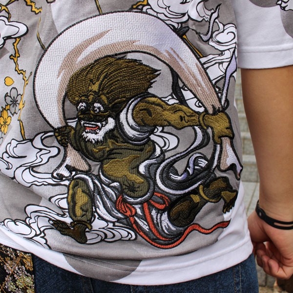 和柄Tシャツ 和柄メンズ 和柄刺繍七分丈Tシャツ風神雷神柄【T182