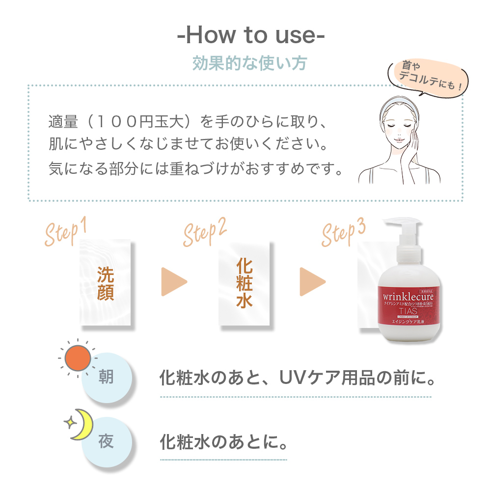 シワ改善クリーム 乳液 ナイアシンアミド 配合 200ml しみ そばかす 対策 TIAS リンクルキュア エイジングケア 乳液 肌荒れ 乾燥 医薬部外品 日本製 大容量｜wagonsale｜08