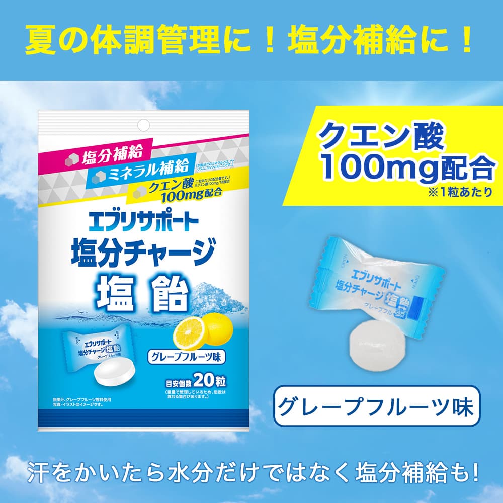 塩分チャージ 塩飴 エブリサポート グレープフルーツ味 目安個数800粒（20粒入×40袋）塩分補給 ミネラル補給 クエン酸100mg配合_1