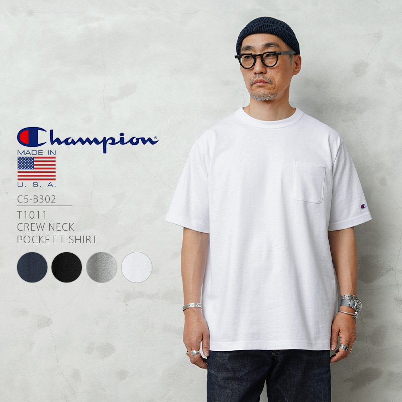 新品　M チャンピオン T1011 USA製 ヘビーウェイト ポケTシャツ　白黒 MADE IN USA（Champion） Champion チャンピオン C5-B302 T1011