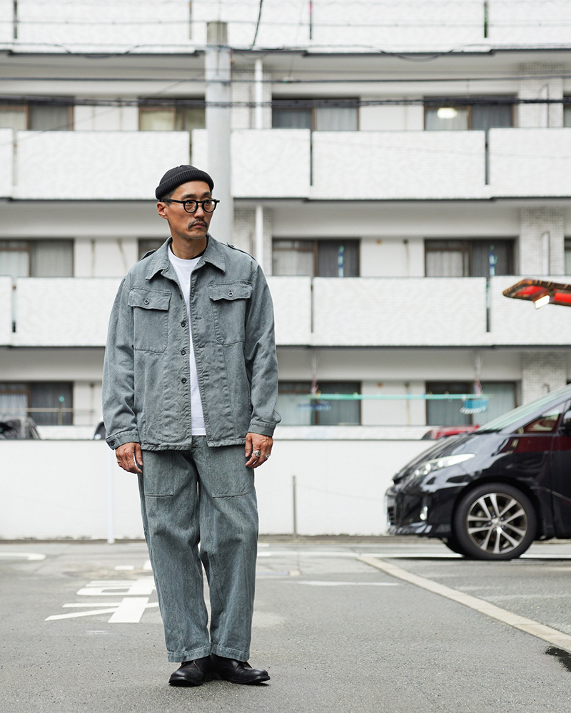 古着　短丈ウールジャケット　太アーム　グレー　切り替え柄M 切り替えリブ日本製. moment+ ミリタリージャケット モッズコート フェイクウールモッサ2WAY