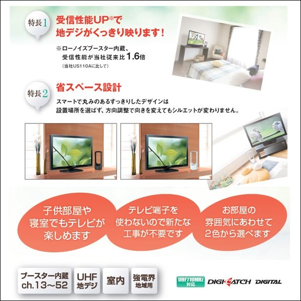 地デジ 室内アンテナ DXアンテナ ブースター内蔵 US120A 白 DXアンテナ US120AW UHF室内アンテナ 地上デジタル放送用