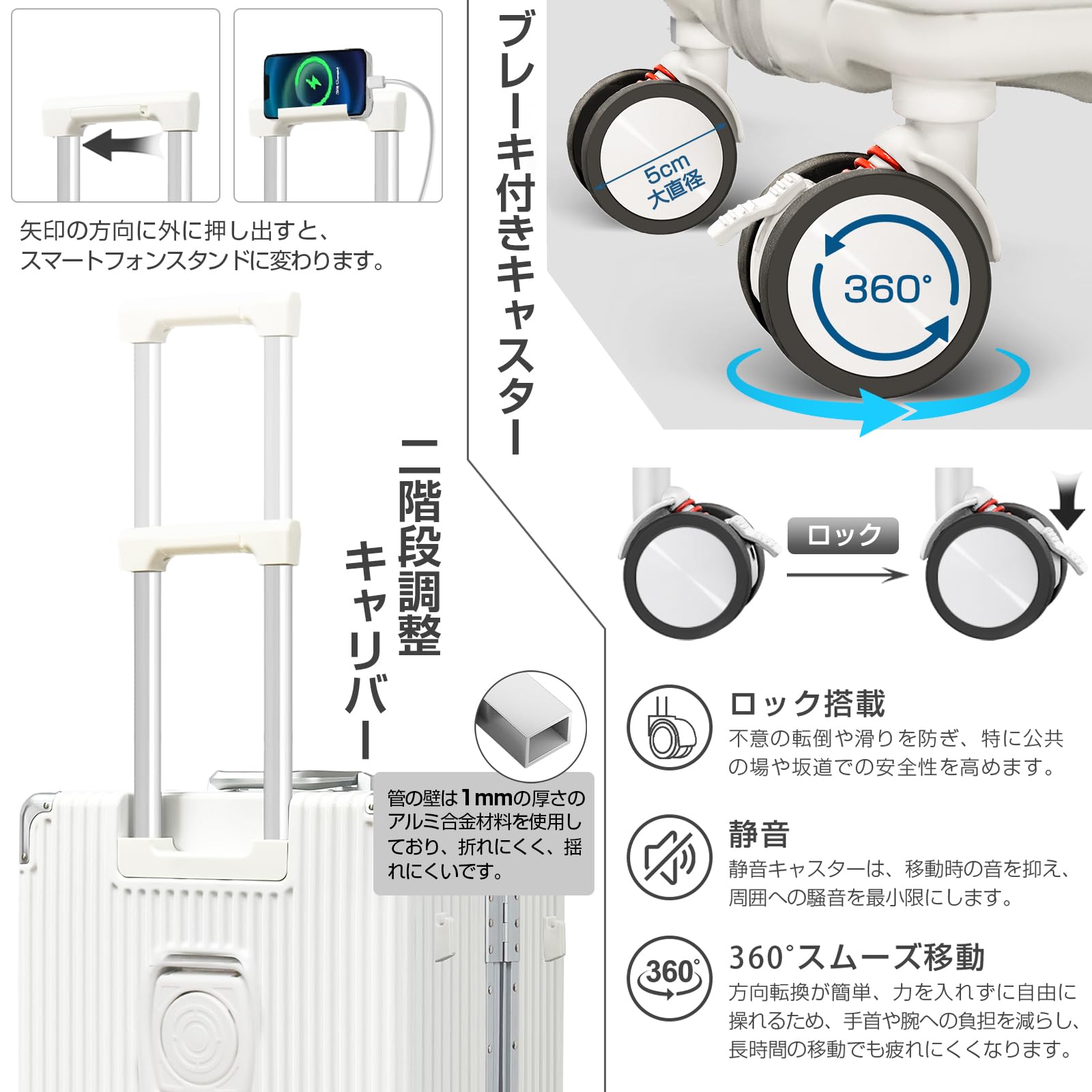 スーツケース キャリーケース アルミフレームタイプ 多機能 白