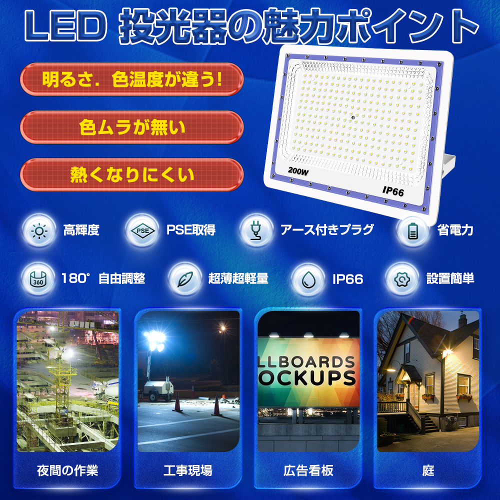 【即納】2個セット 極薄型 投光器 led 200w 2000w相当 昼光色 6500K 16000LM IP66 led作業灯 3mコード 角度調整可能 防犯灯 駐車場灯 PSE 送料無料 1年保証｜waiwai-store578｜02