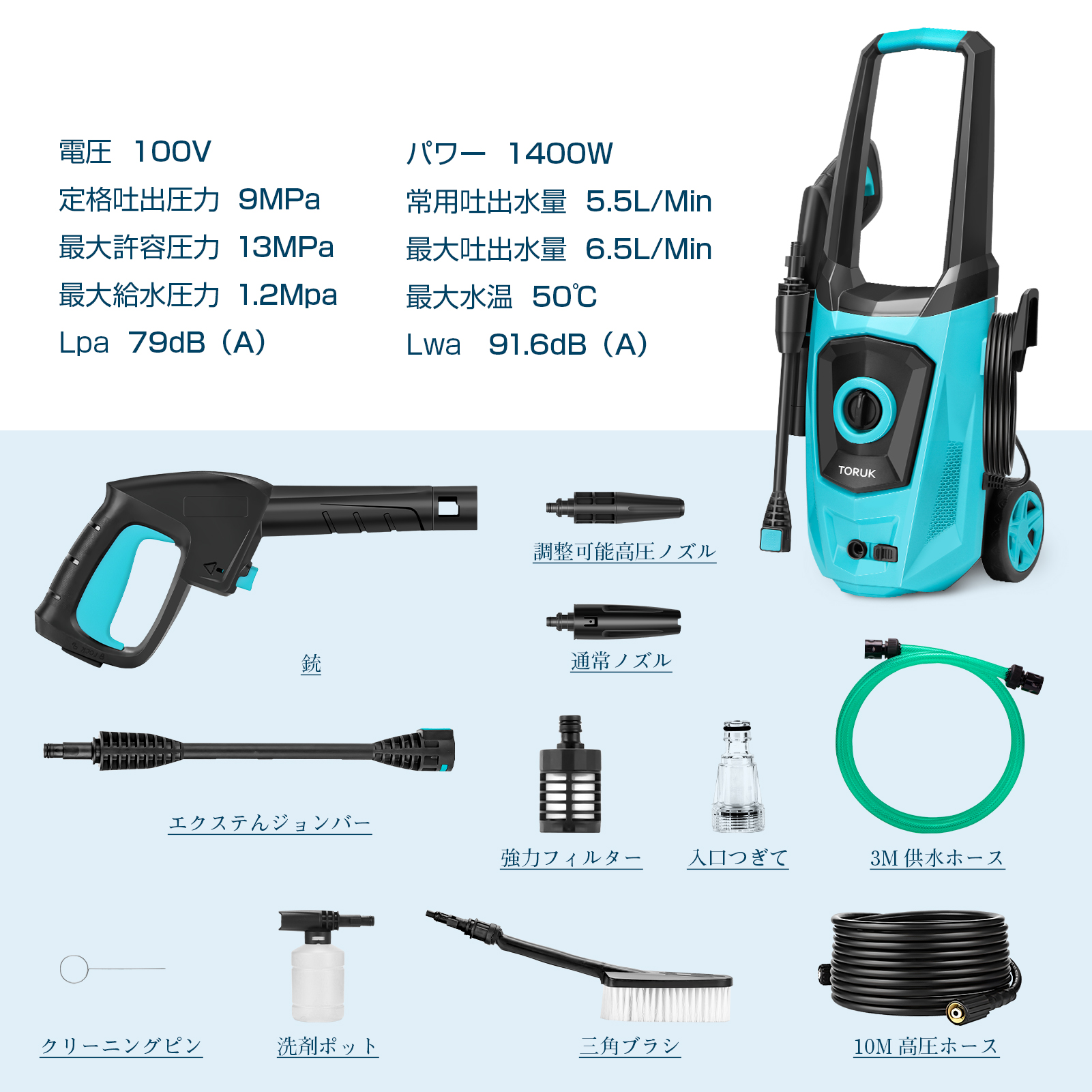 即納】1400W 高圧洗浄機 電動 コンセント式 最大吐出圧力13MPa 水道 