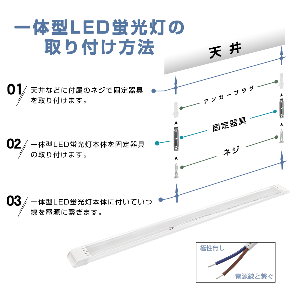 送料無料 5本 180W形 一体型 直管 LED蛍光灯 1灯・5灯相当 一体型台座付 120cm 6畳以上用 高輝度 昼光色 6000K 消費電力90W AC 85-265V LEDライト 広角｜waiwai-store578｜05