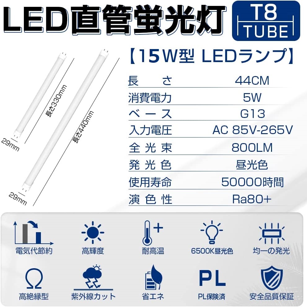 30本セット】T8 高輝度 LED蛍光灯 15W形 直管 6500K 44cm 800LM 昼光色 44CM G13口金 消費電力5W 15w相当 グロー式工事不要  節電 1年保証 送料無料 : yh-leda-d44x30 : 和伊通販 - 通販 - Yahoo!ショッピング