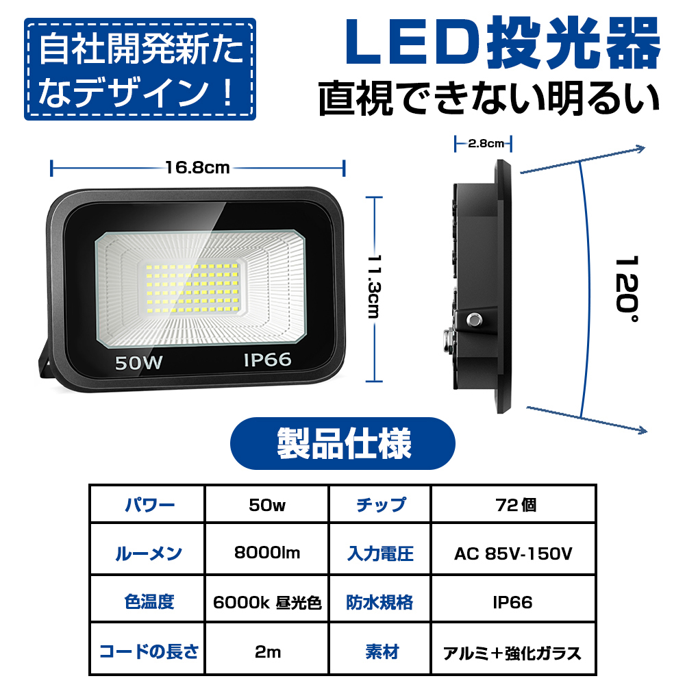 定番 1個Led投光器 50W 800w相当 超薄型 Ledライト 作業灯 8000LM 超