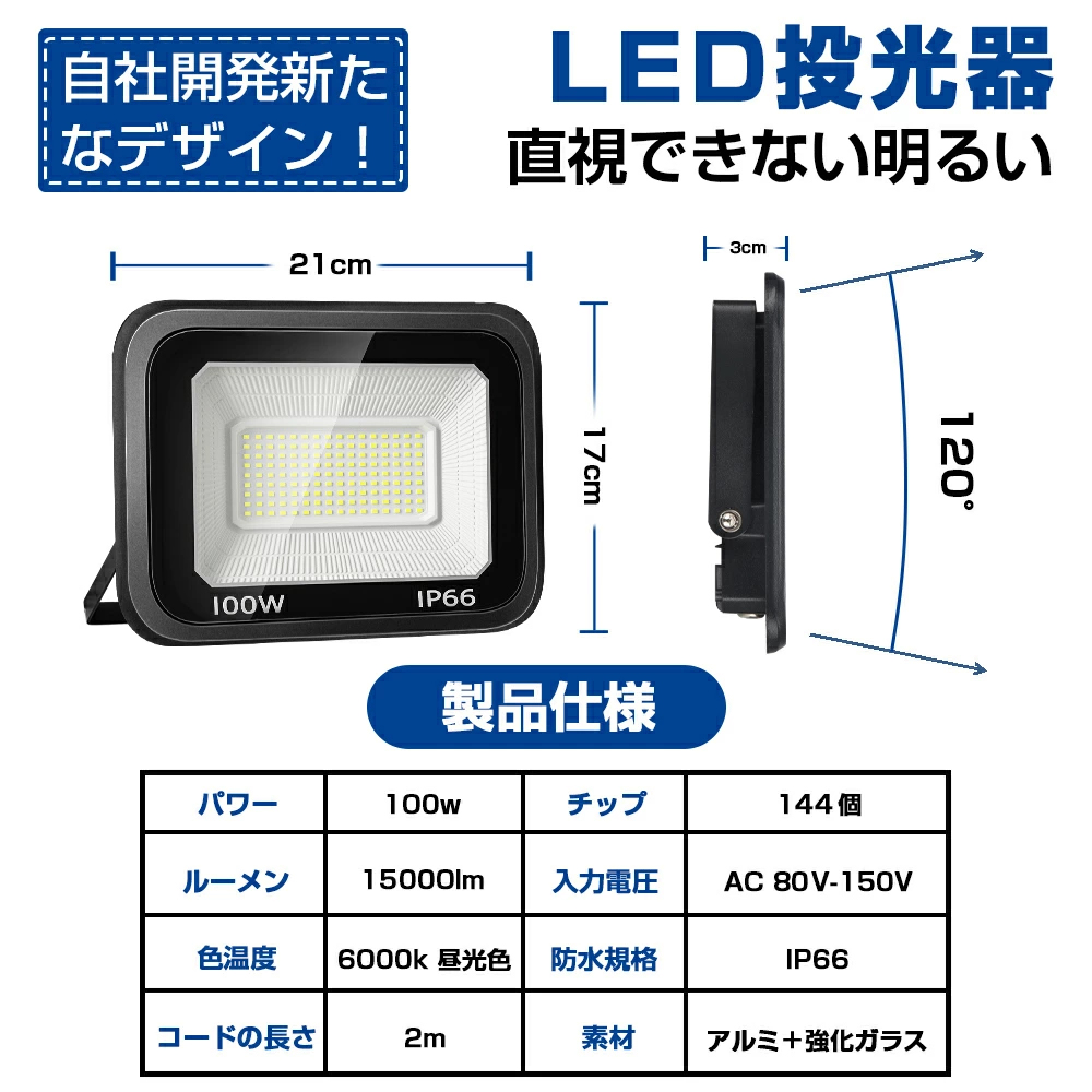 即納! 1個【超薄型・100w】Led投光器 100W 1500w相当 超薄型 Ledライト 作業灯 15000LM 超爆光 IP66防水防塵  2ｍコード 長寿命 高輝度 昼光色 送料無料 : lt-02-a : 和伊通販 - 通販 - Yahoo!ショッピング