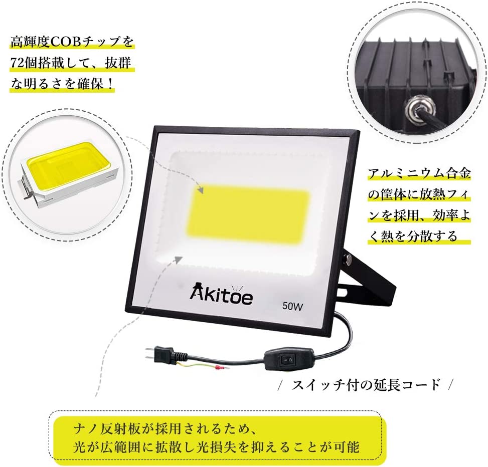 即納】4個 LED 投光器 50W COBチップ 超薄型 スイッチ付き 8000LM LED投光器 昼光色 6500K 高輝度 IP66 防水防塵 AC  85-265V 作業灯 3mコード 広角160度 : yh-mkt-n050x4 : 和伊通販 - 通販 - Yahoo!ショッピング