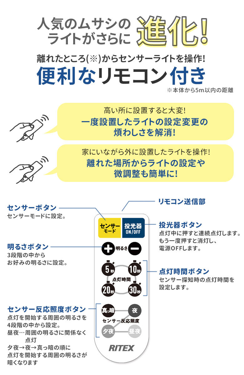 センサーライト 新商品 ムサシ RITEX 屋外用センサーシーリングライト