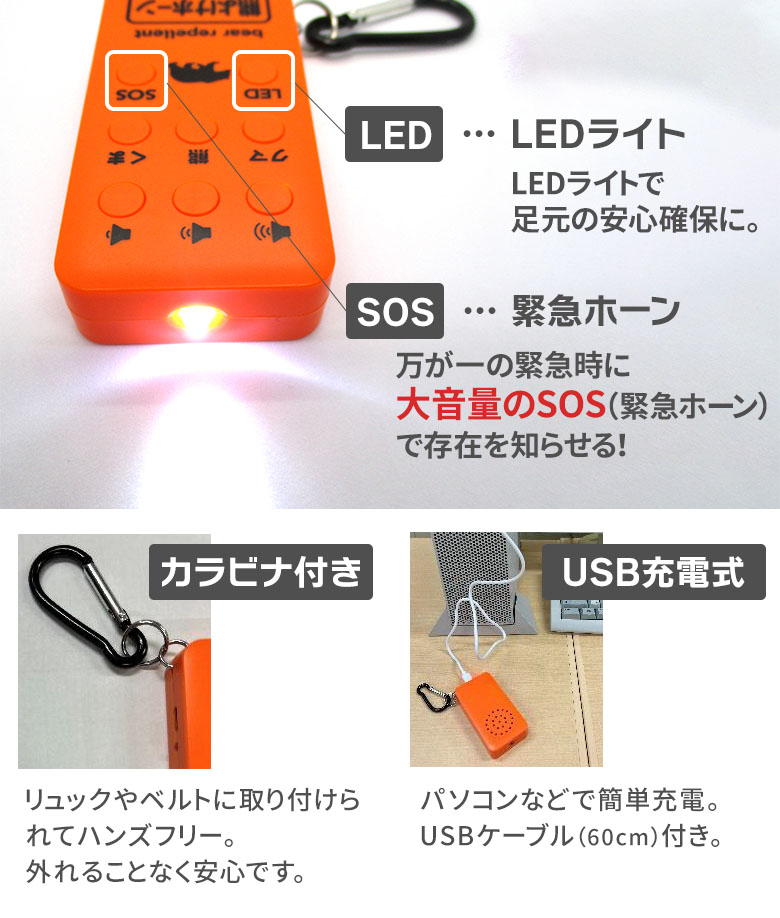 熊よけホーン 熊よけグッズ 携帯発音器 害獣対策 防獣 くま クマ 威嚇 大音量 USB充電 コンパクト 携帯 ハンズフリー 持ち運び LEDライト アウトドア アサノヤ｜wakui-shop｜03