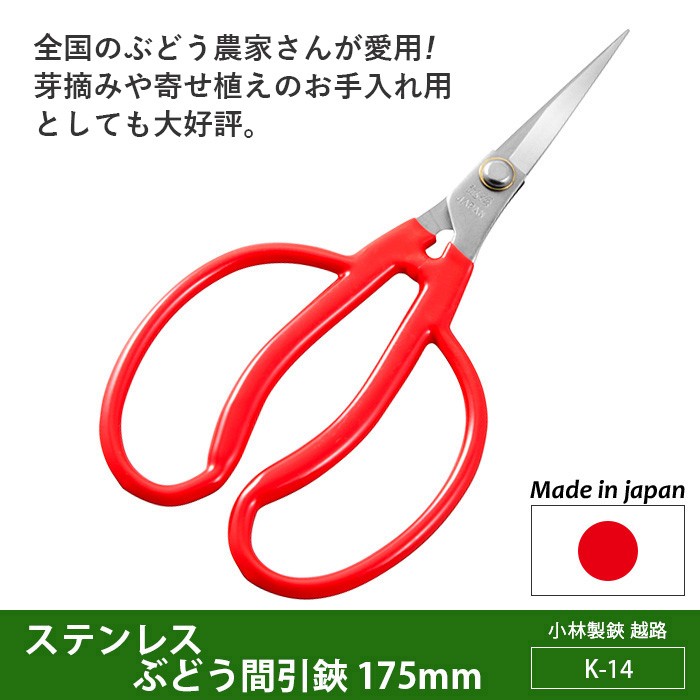 剪定ばさみ ガーデニング ステンレスぶどう間引鋏 175mm（K-14） 越路