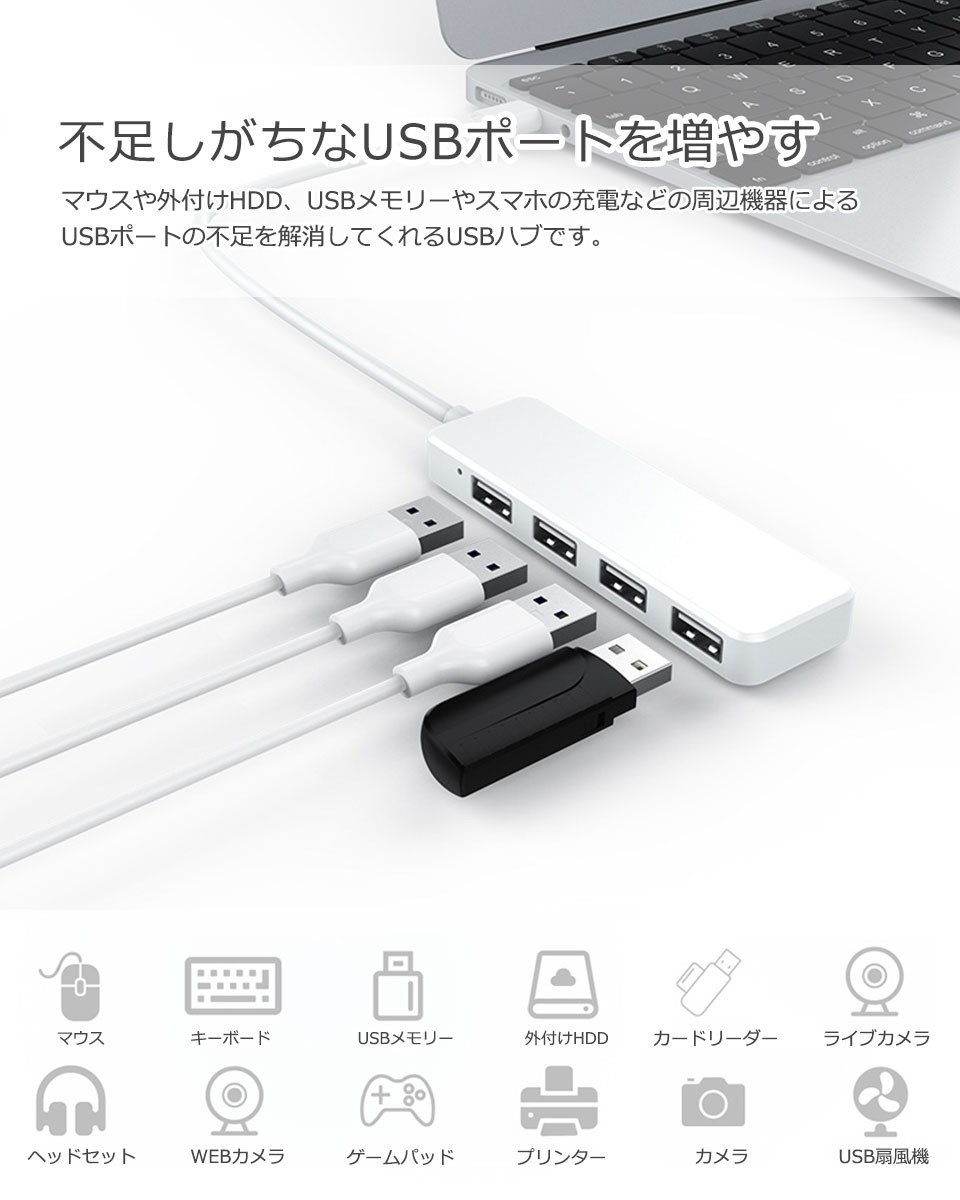 USBハブ USB2.0 USB3.0 4ポート白 黒