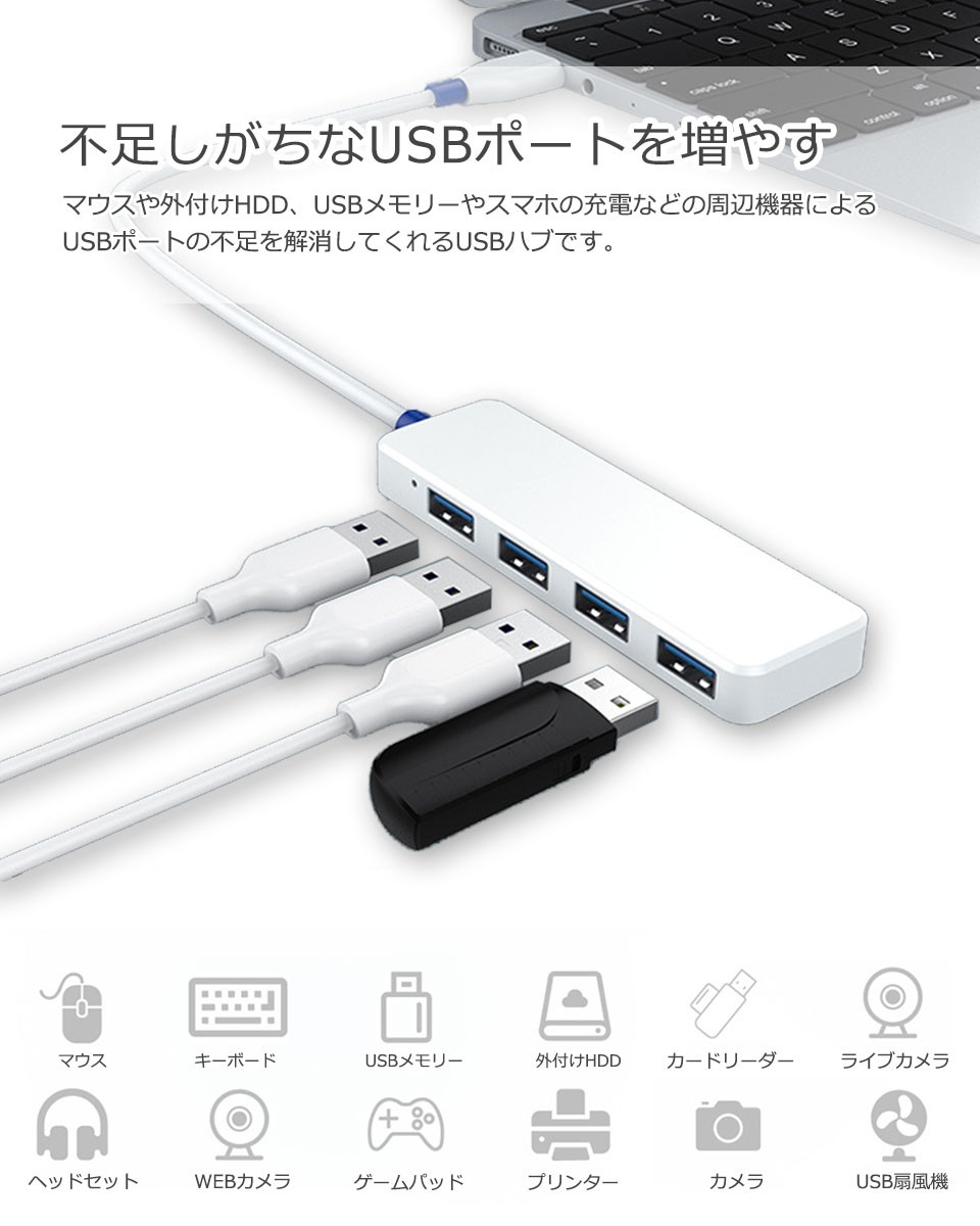 USBハブ USB2.0 USB3.0 4ポート白 黒