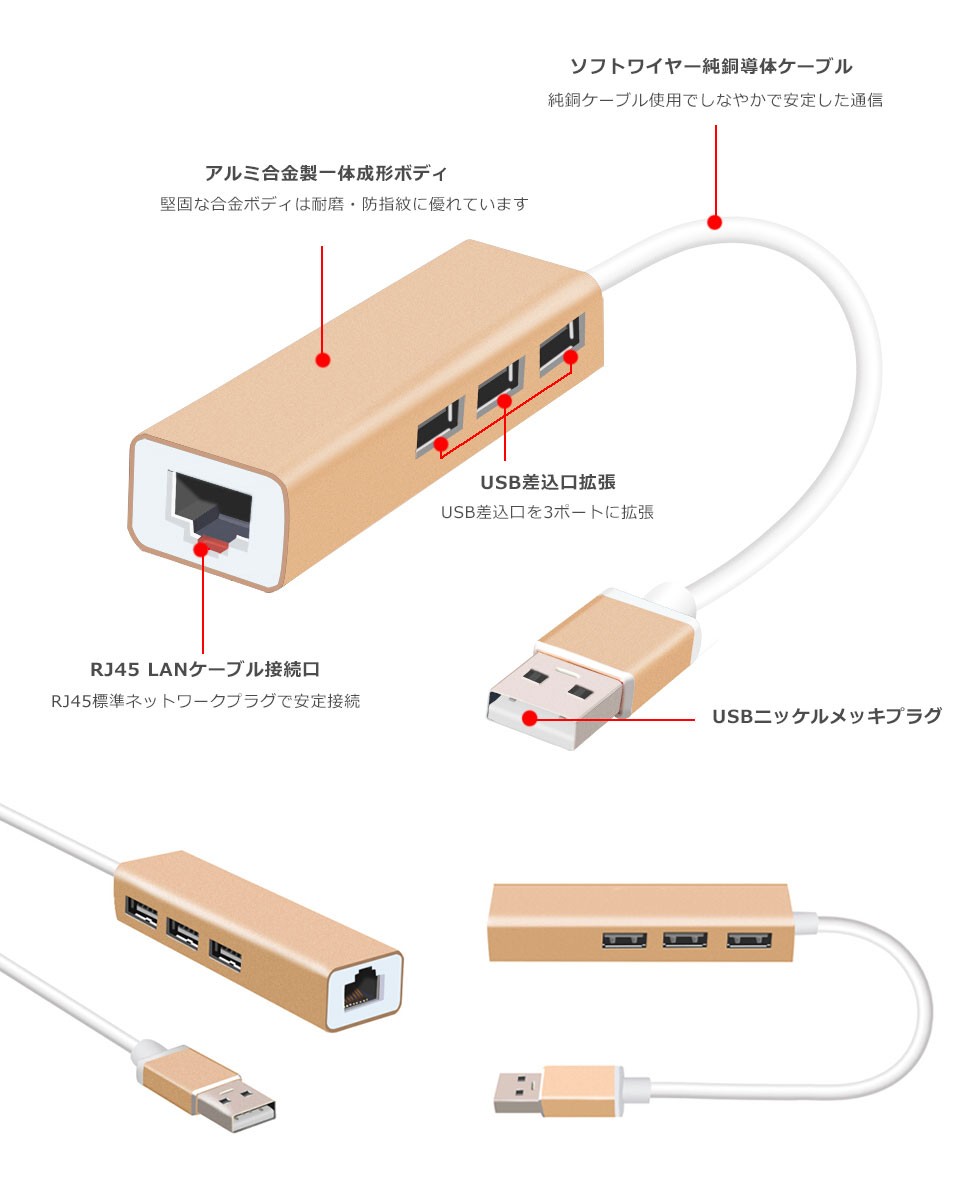 USBハブ 3ポート LANアダプター RJ45 