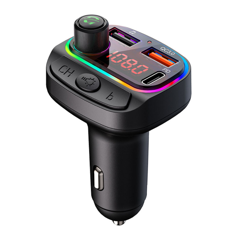 Bluetooth5.0 FMトランスミッター 車載 高音質 ロスレス音楽再生 QC3.0 PD急速充電 デュアルUSB ハンズフリー通話 Uディスク再生 7色LEDライト