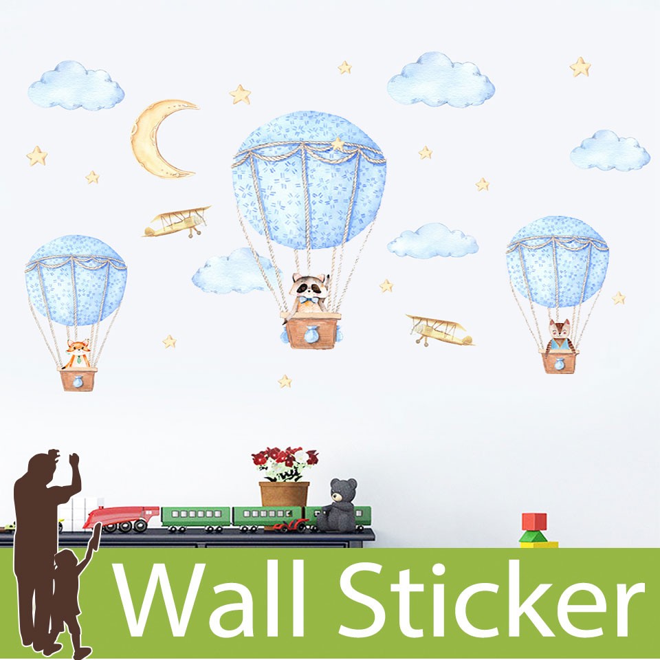 ウォールステッカー 動物 アニマル くも 雲 月 星 気球 ねこ くま きつね 飛行機 気球に乗った動物 貼ってはがせる 北欧 インテリアシール Wch 300 ウォールステッカー本舗 通販 Yahoo ショッピング
