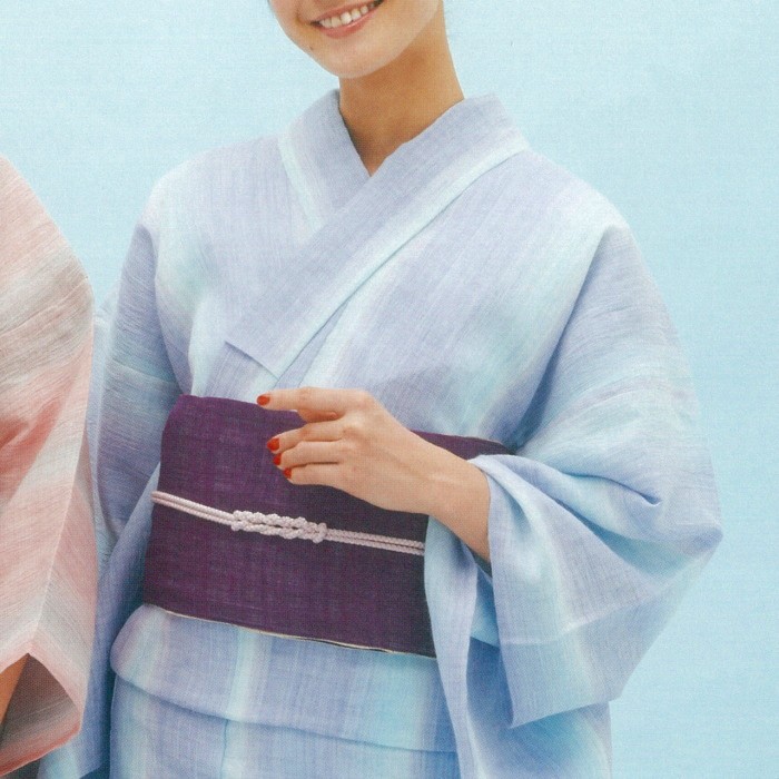 かわいい！ 源氏物語 本麻 夏物 半幅帯 紫色 麻 01 リバーシブル 生成色 × 着物・浴衣
