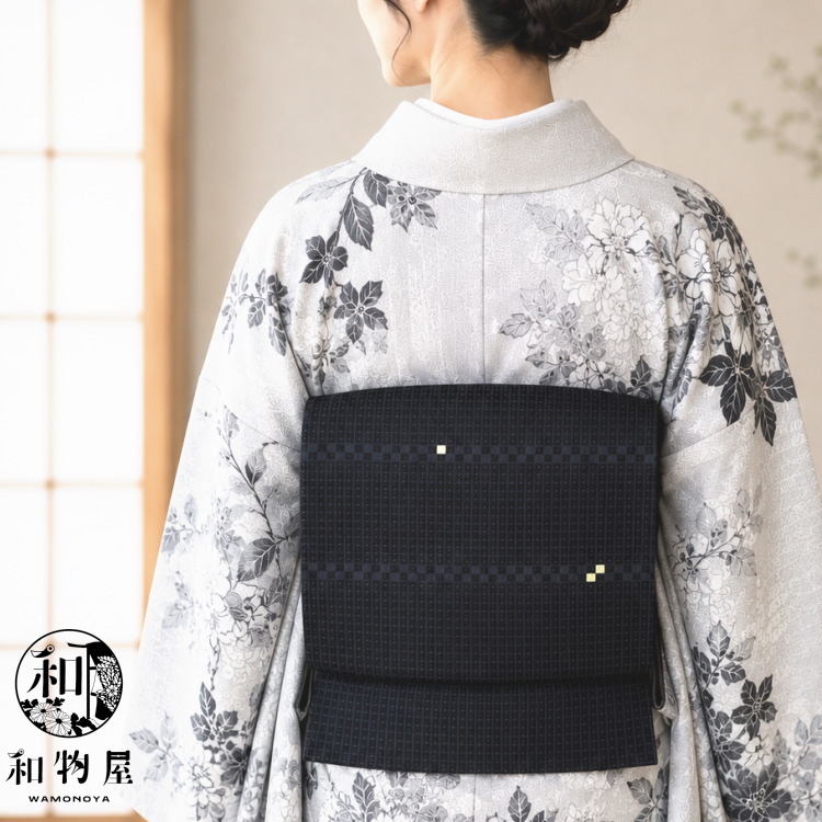 袋帯 正絹 黒地 れん 格子 四角文 モダン シンプル おしゃれ