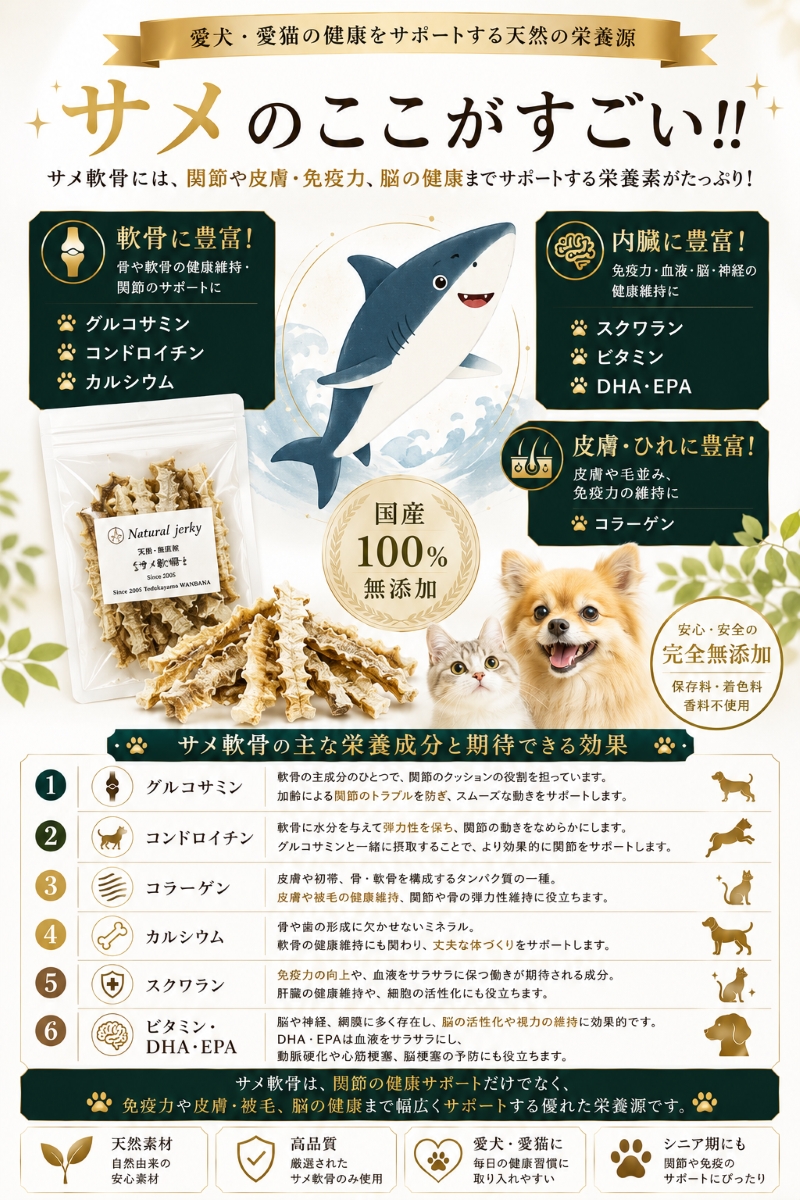帝塚山WANBANA 犬用の天然デンタルケアに！無漂白で安心のサメ軟骨 お