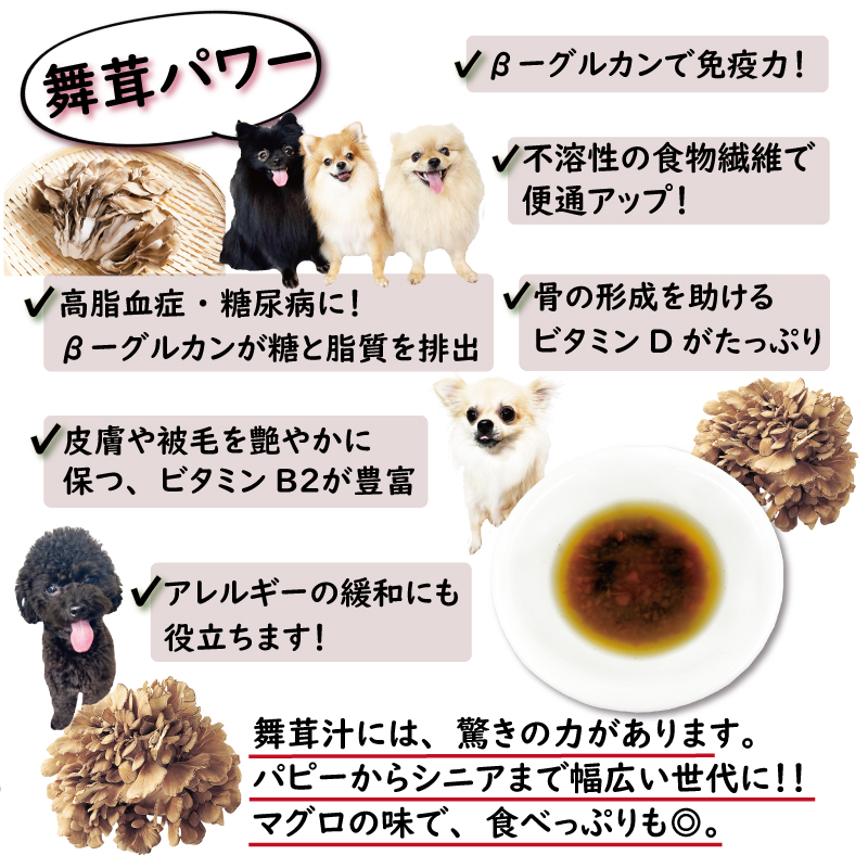 犬,キノコ,きのこ,舞茸,βーグルカン,食物繊維,ビタミンD,アンチエイジング,わんちゃん,ドッグ,フード,ごはん,スープ,ドリンク,水分補給,まぐろ,ツナ,野菜,体温調整,無添加,美味しい,アレルギー,低カロリー,低脂肪,ダイエット,肥満,涙やけ,肝臓,ケア,腎臓,涙やけ,健康,長生き,シニア,パピー,ワンバナ
