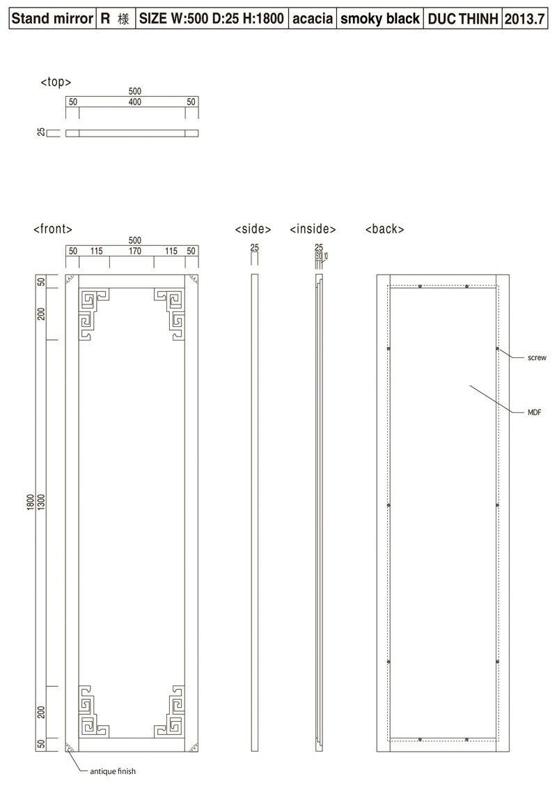 李朝風家具 金物付き4隅透かし彫り姿見ミラー《W:50×D:2.5×H:180