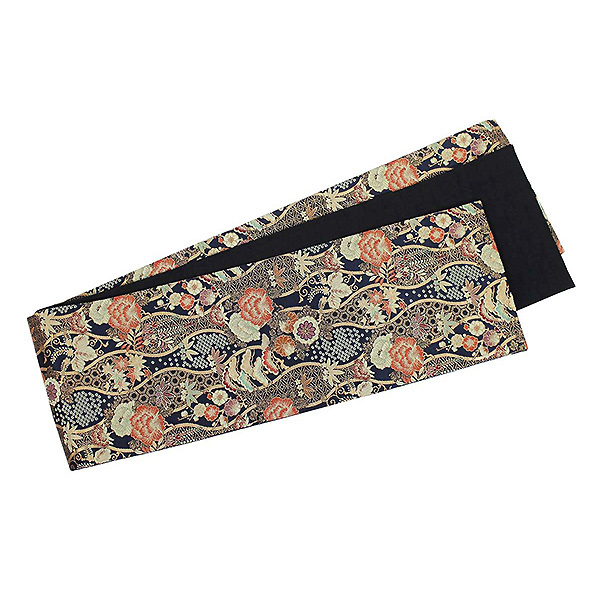 桐生織おしゃれ細帯【小桜に枠取り・黒地・長尺】仕立上・半幅帯・半巾