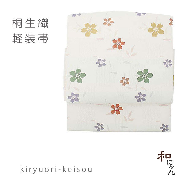 桐生織軽装帯 市松地紋に桜 生成地 仕立上 簡単軽装帯 作り帯
