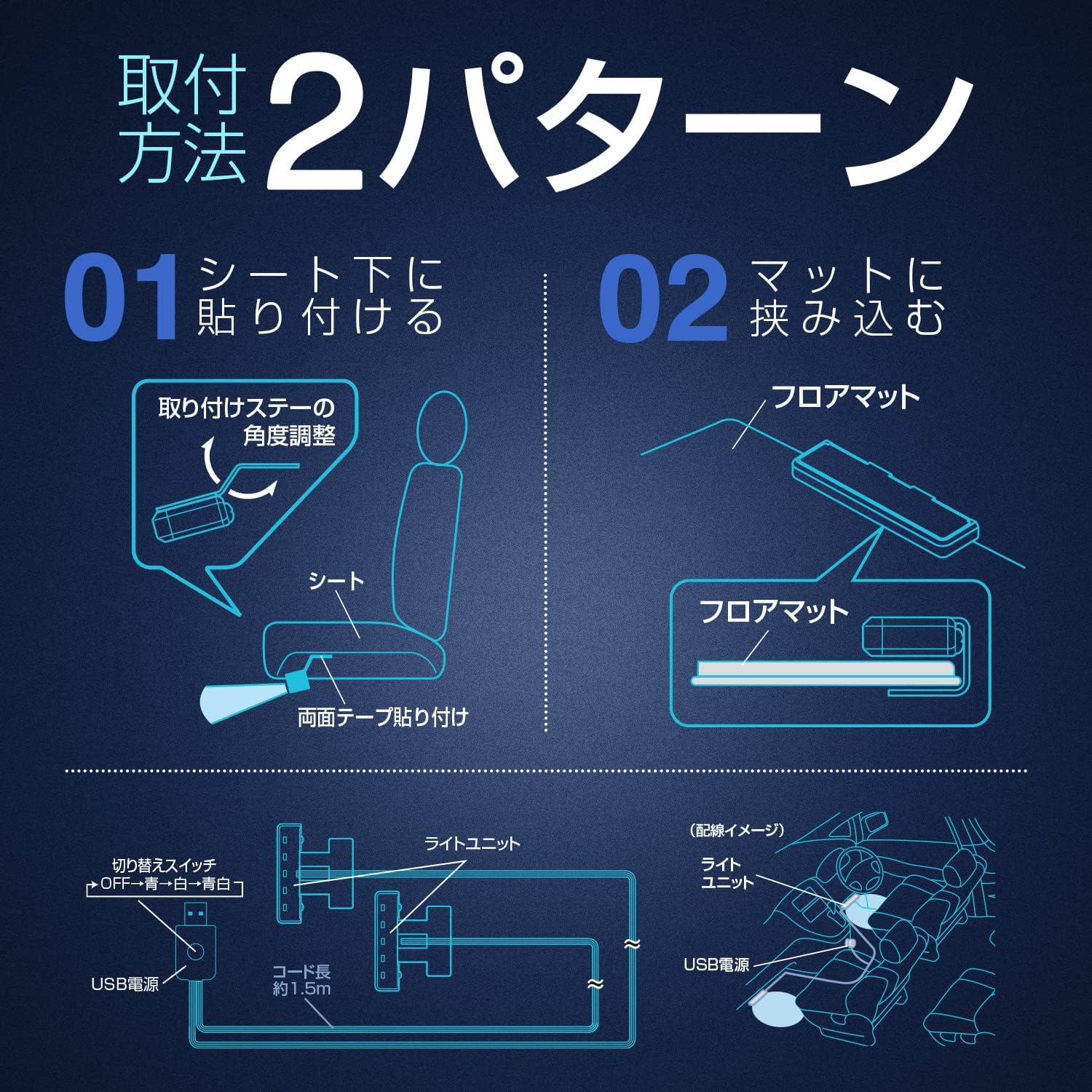 F338 LED フロアライトUSB 2連 | LEDライト ブルー ホワイト 1.5m 高