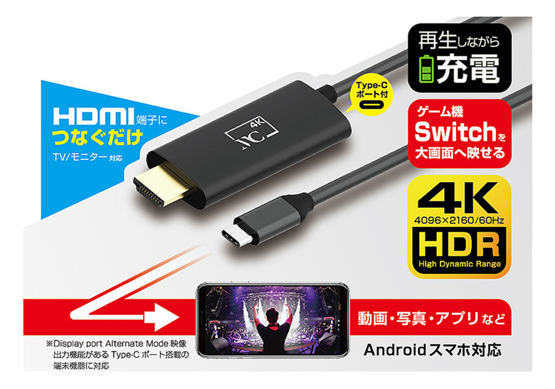 KD-222 ◎〇HDMI変換ケーブル Type-C専用 4K 充電用ポート付／3m／AC