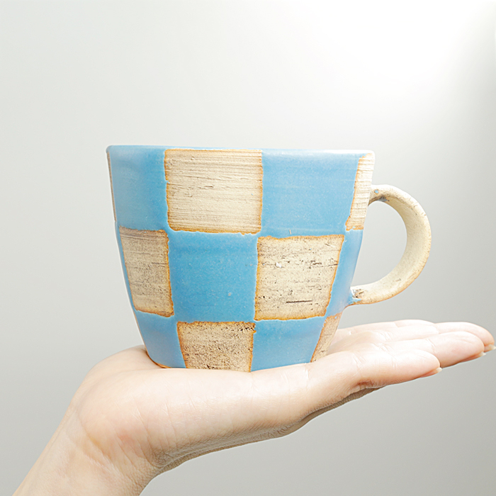 作家物陶器のカップセット（多色・手作り）6種類 マグカップ 青 市松模様 コーヒーカップ コップ バイカラー ツートーン