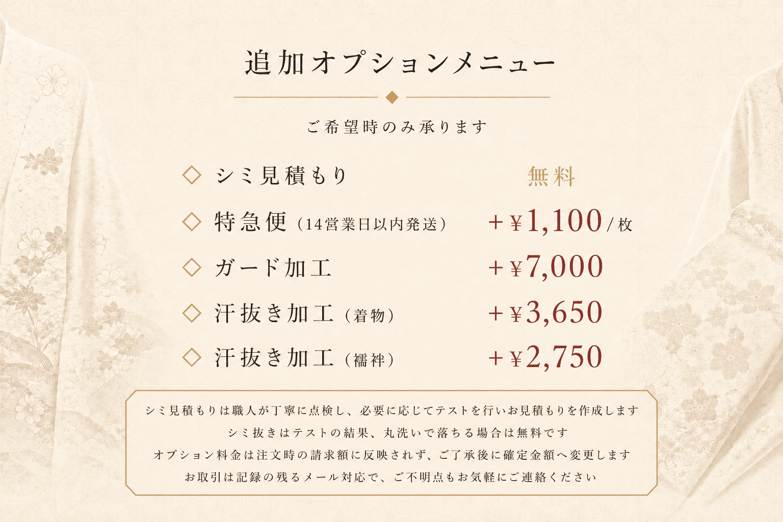 追加オプションメニュー 特急便 ガード加工 汗抜き加工