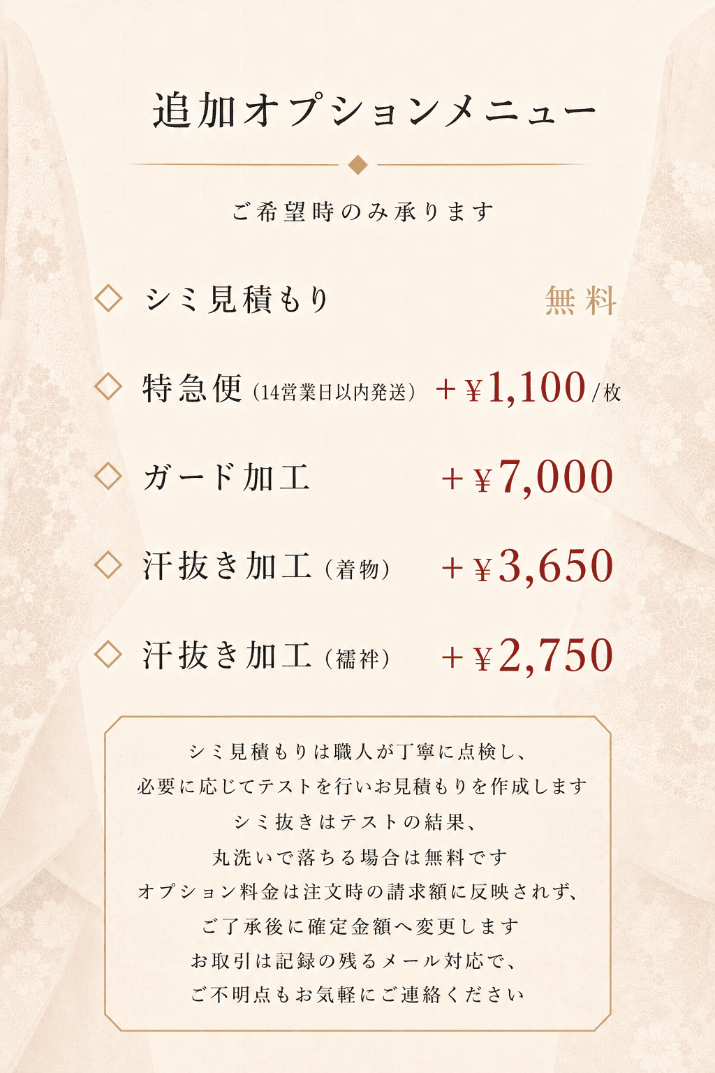 追加オプションメニュー 特急便 ガード加工 汗抜き加工