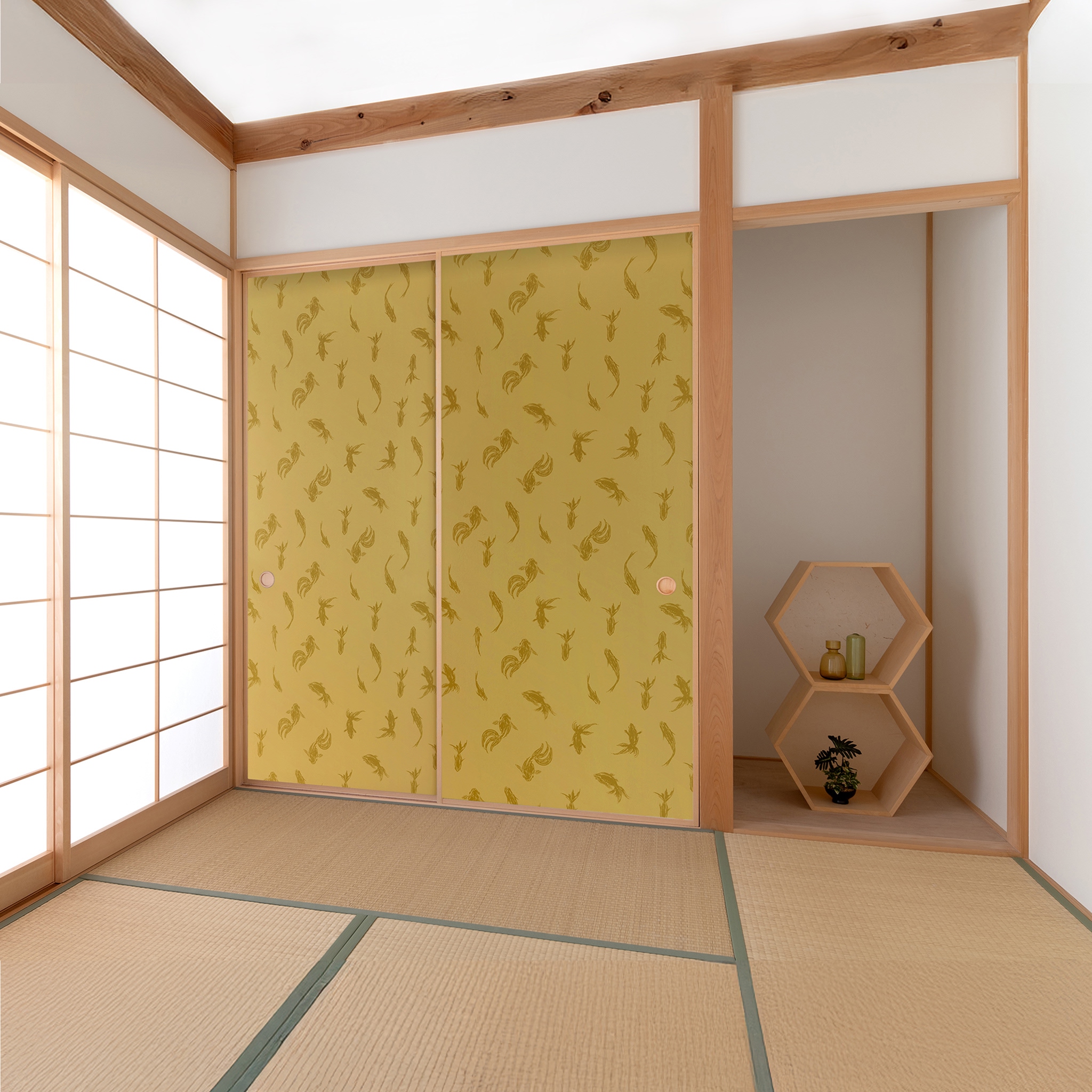 ふすま用リメイクシート 金魚模様 金 kingyomoyo｜襖用シール壁紙 