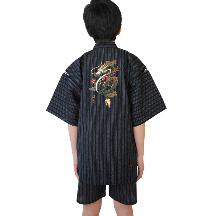 甚平 キッズ 龍 カラー 刺繍 しじら織 子供 男 綿100％ 130 140 150 