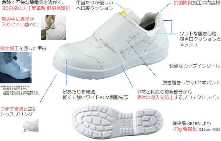 シモン 安全靴 8918 白静電靴 23.5-28.0cm EEE JIS規格 短靴 作業靴