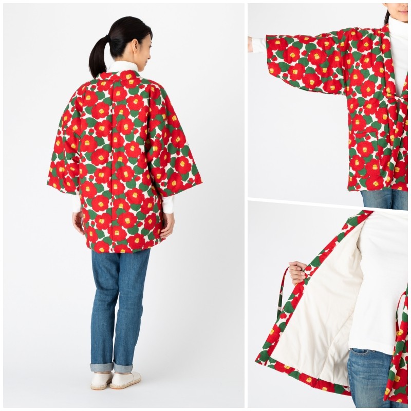 日本製 半纏 レディース 女性用 久留米 綿入れ 綿 麻 椿 つばき 赤 白