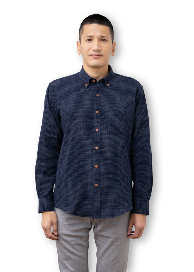 長袖シャツ メンズ 日本製 久留米織 ボタンダウン ちぢみ織 文人柄