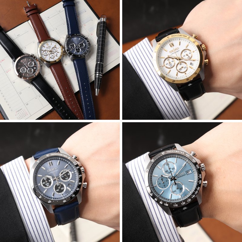 【当店限定セット】セイコー 時計 SEIKO 腕時計 クロノグラフ MOD メンズ ギフト シンプル レザー ベルト メタル ブラック ネイビー ブラウン 人気 おすすめの画像
