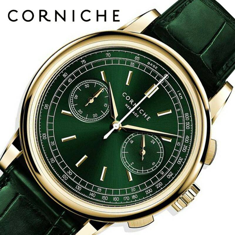 【正規代理店】 コーニッシュ 腕時計 CW-HC-YGG ヘリテージ クロノグラフ CORNICHE Heritage Chronograph グリーン ハイブリッドムーブメント メカクォーツ｜watch-lab