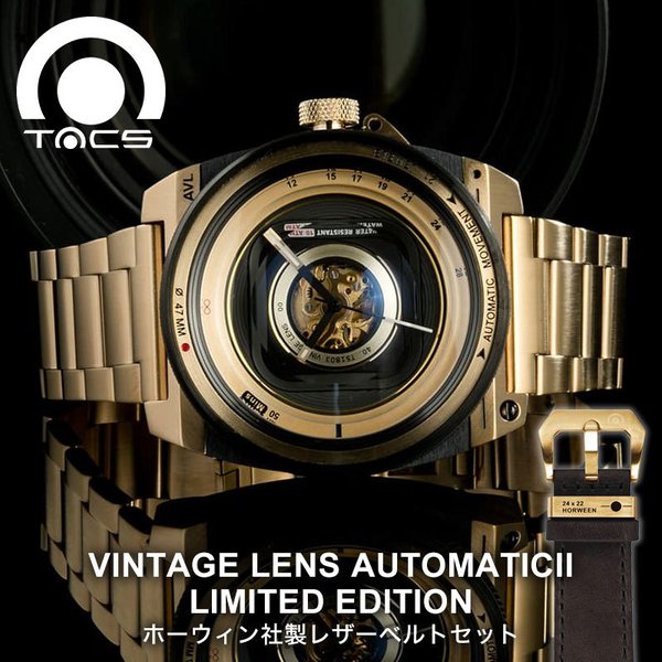 タックス 腕時計 ビンテージ レンズ オートマチック2 替えベルト付き 限定モデル TACS 時計 VINTAGE LENS AUTOMATICII メンズ ブラック ゴールド TS1803JP