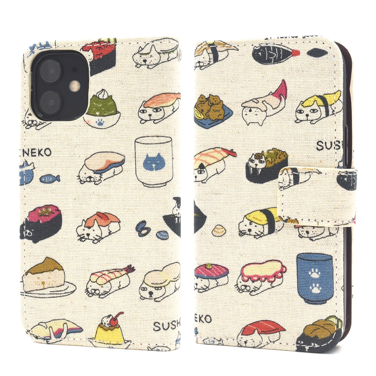 iPhone 12 mini 用寿司猫手帳型ケース 2020年秋発売 5.4インチ アイフォン 12 ミニ ケースミニ｜watch-me｜02