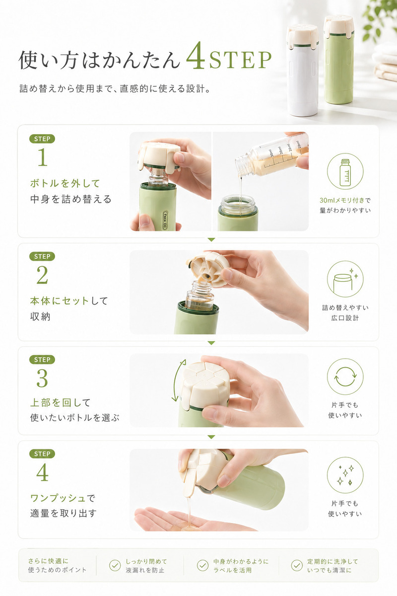 液漏れしにくい4in1 トラベルボトル 30ml×4本 ポンプ式 ロック付き